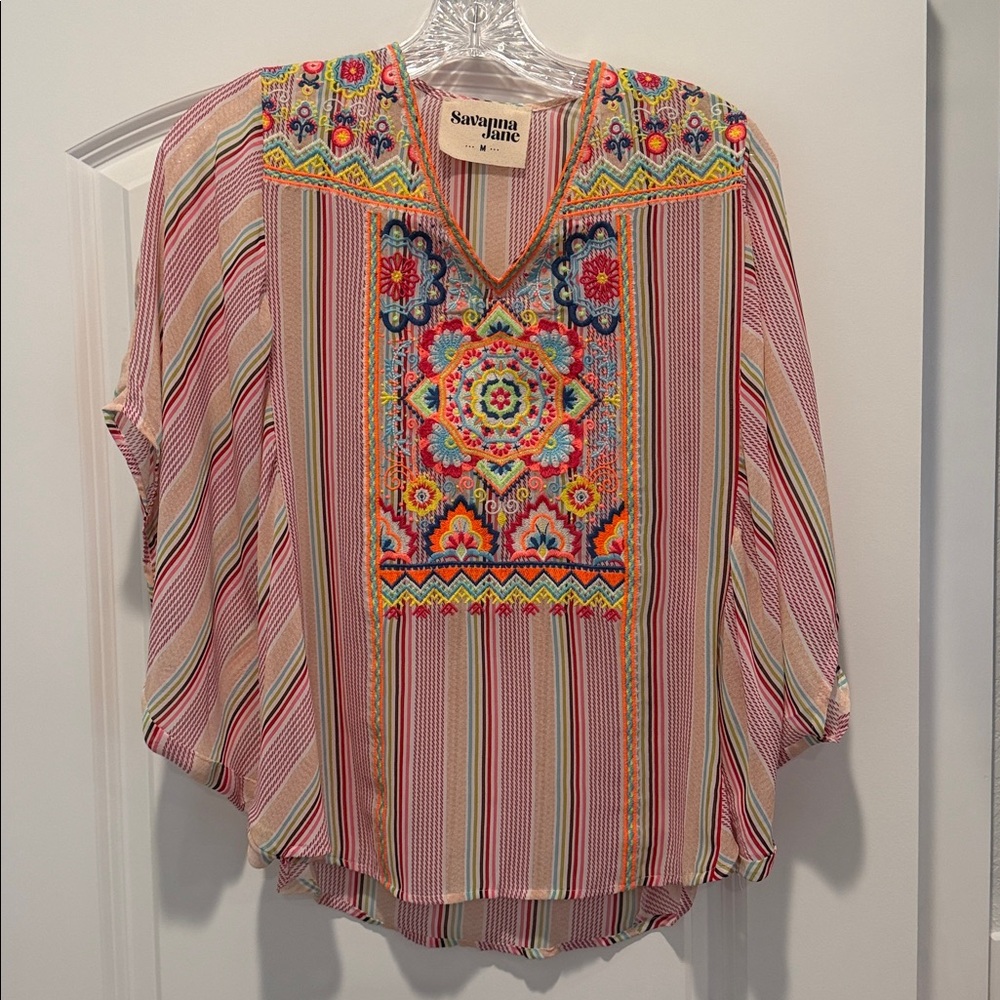 Savannah Jane Pink Multicolor Embroidered Boho V-Neck Blouse